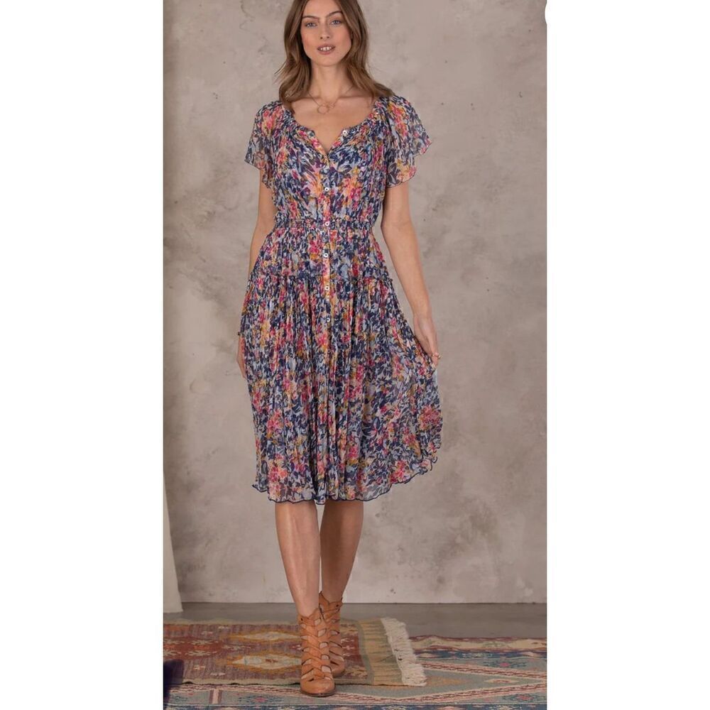 Sundance S Clarisse Floral Dress flutter sleeves smocked waist tiered hem